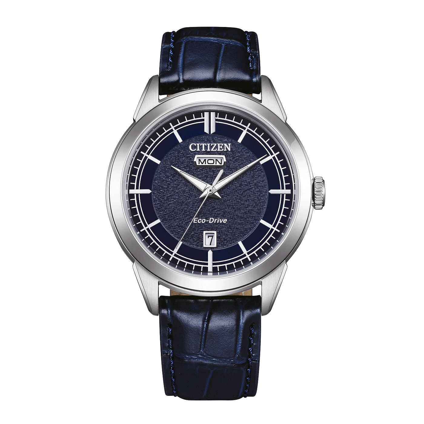 Eine Citizen Eco-Drive Uhr mit blauem Zifferblatt und blauem Lederarmband.