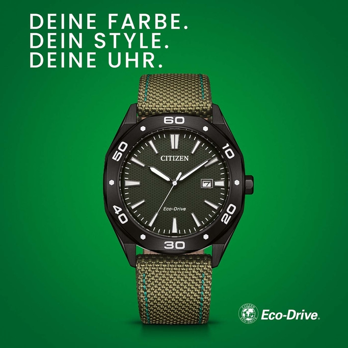 Citizen-Uhr mit grünem Armband und Zifferblatt, Eco-Drive-Technologie, schwarzes Gehäuse.