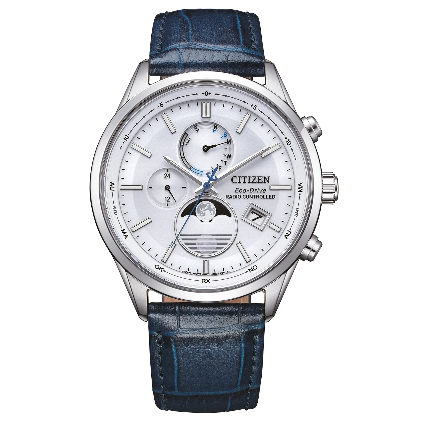 Citizen Eco-Drive Uhr mit weißem Zifferblatt und blauem Lederarmband.