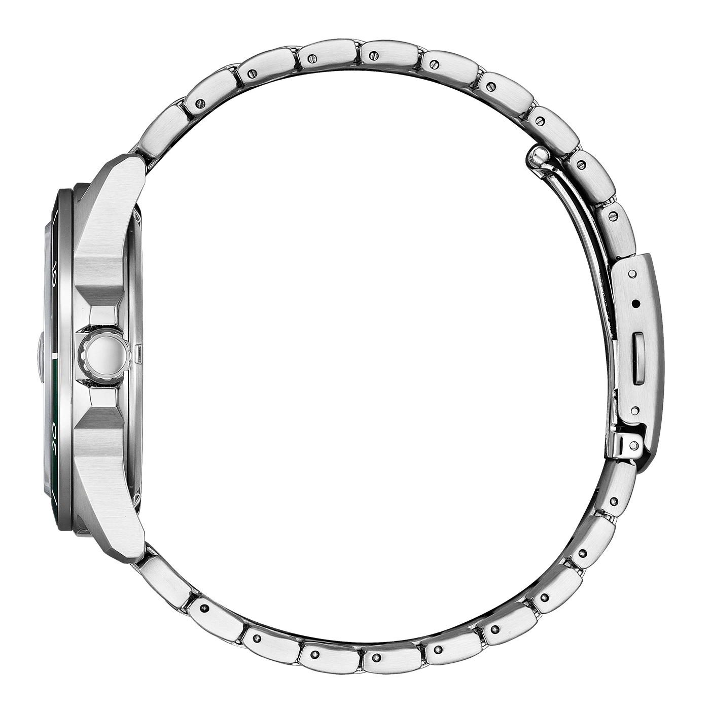 Seitenansicht einer silbernen Armbanduhr mit Metallband und grünen Akzenten.