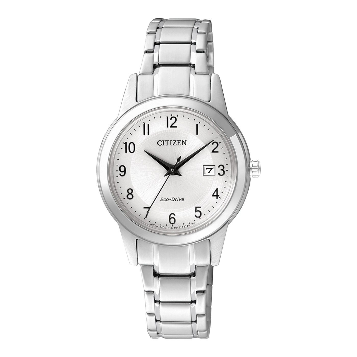 Silberne Citizen Eco-Drive Uhr mit weißem Zifferblatt und Datumsanzeige.