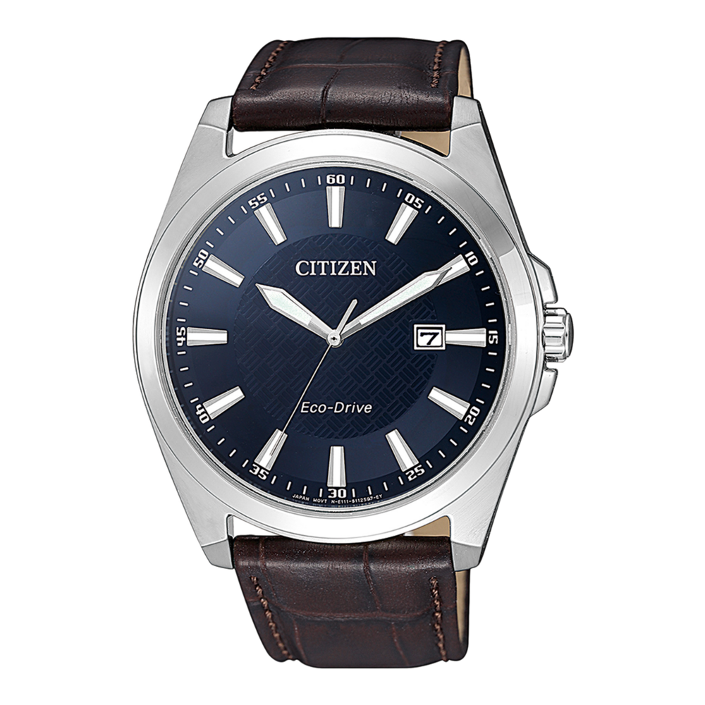 Citizen-Uhr mit blauem Zifferblatt und braunem Lederarmband, Eco-Drive.