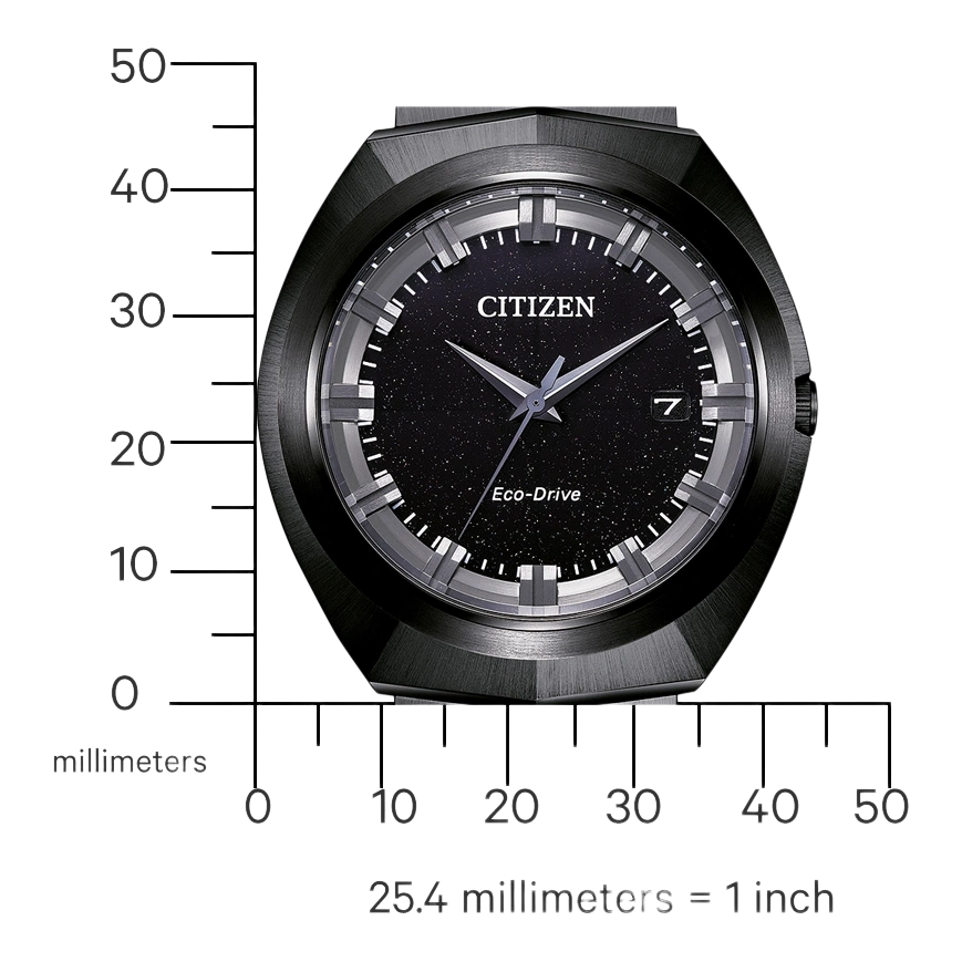 Citizen-Uhr mit schwarzem Zifferblatt und Eco-Drive-Technologie, elegantes Design.