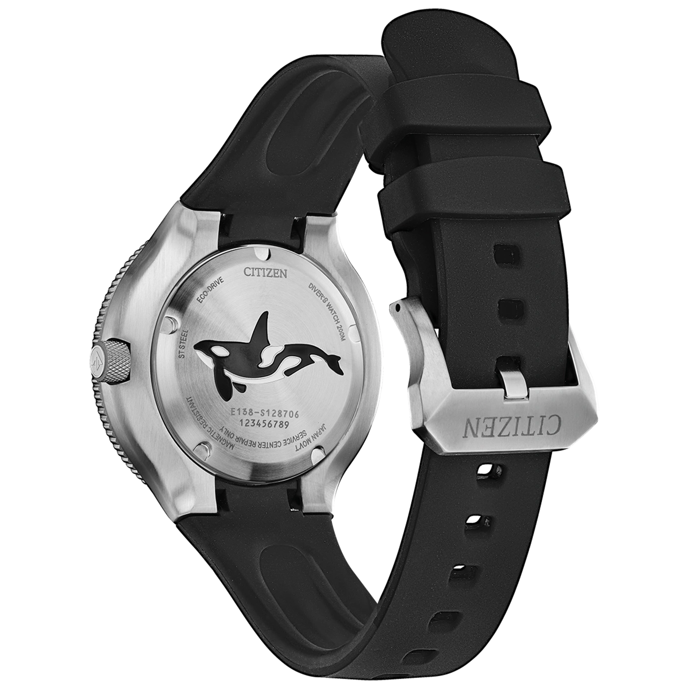 Citizen-Uhr mit schwarzem Armband, Orca-Design und Edelstahlrücken.