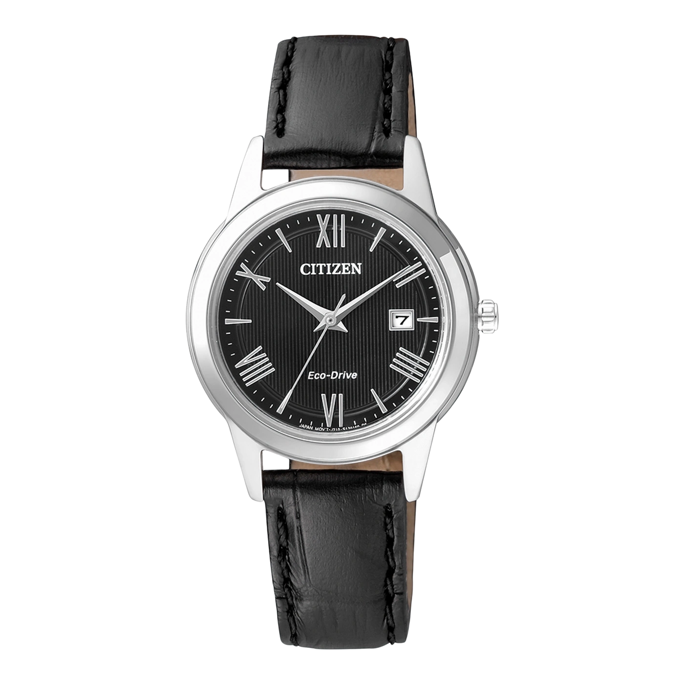 Citizen Eco-Drive Uhr mit schwarzem Zifferblatt und Lederarmband, elegantes Design.
