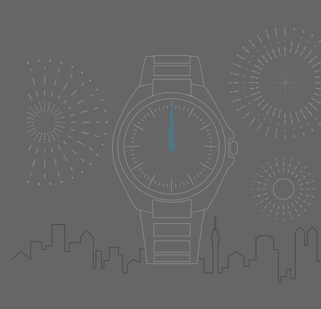 Uhr, Feuerwerk und Skyline bei Mitternacht auf grauem Hintergrund.