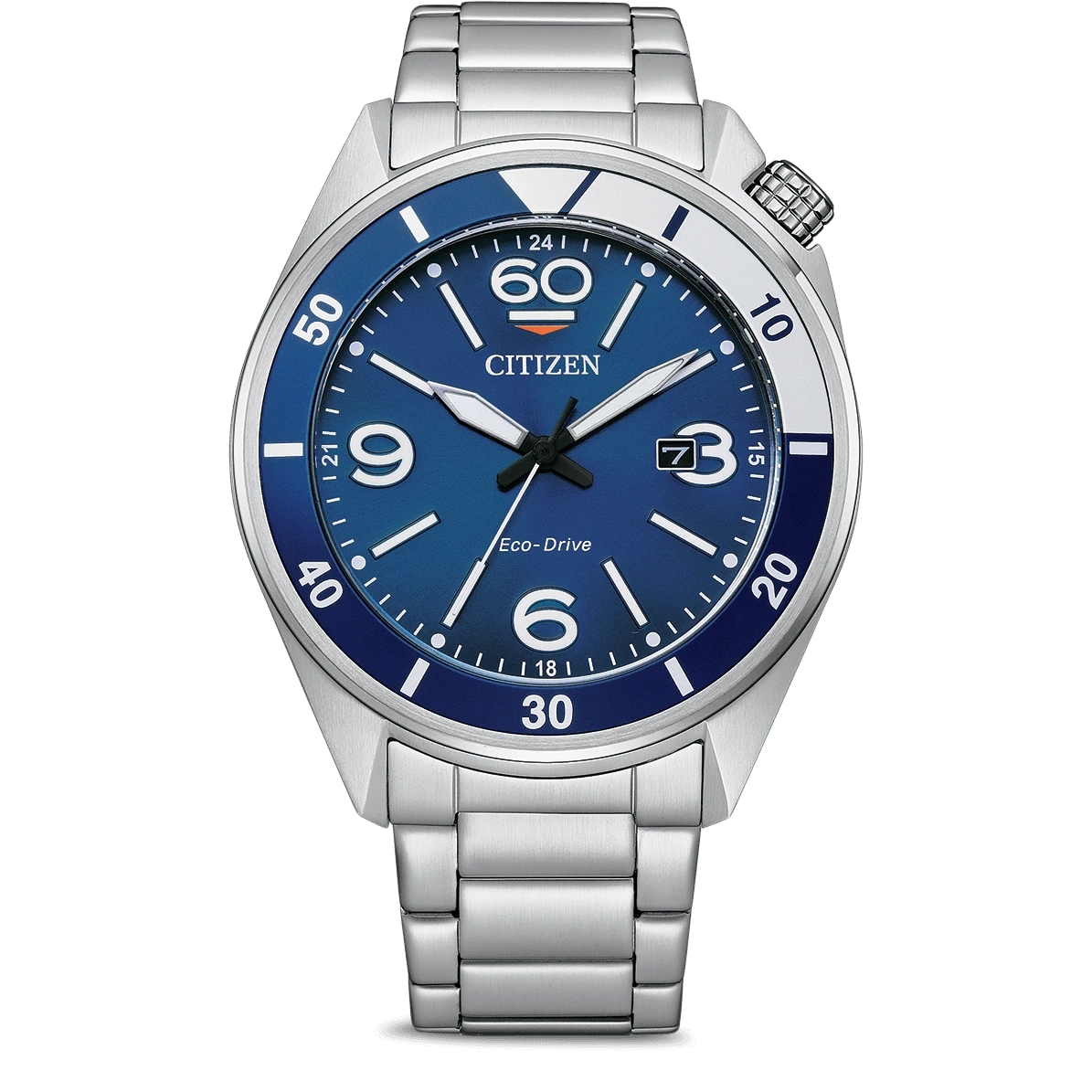 Citizen-Uhr mit blauem Zifferblatt, silbernem Armband und Datumsanzeige. Eco-Drive-Technologie.