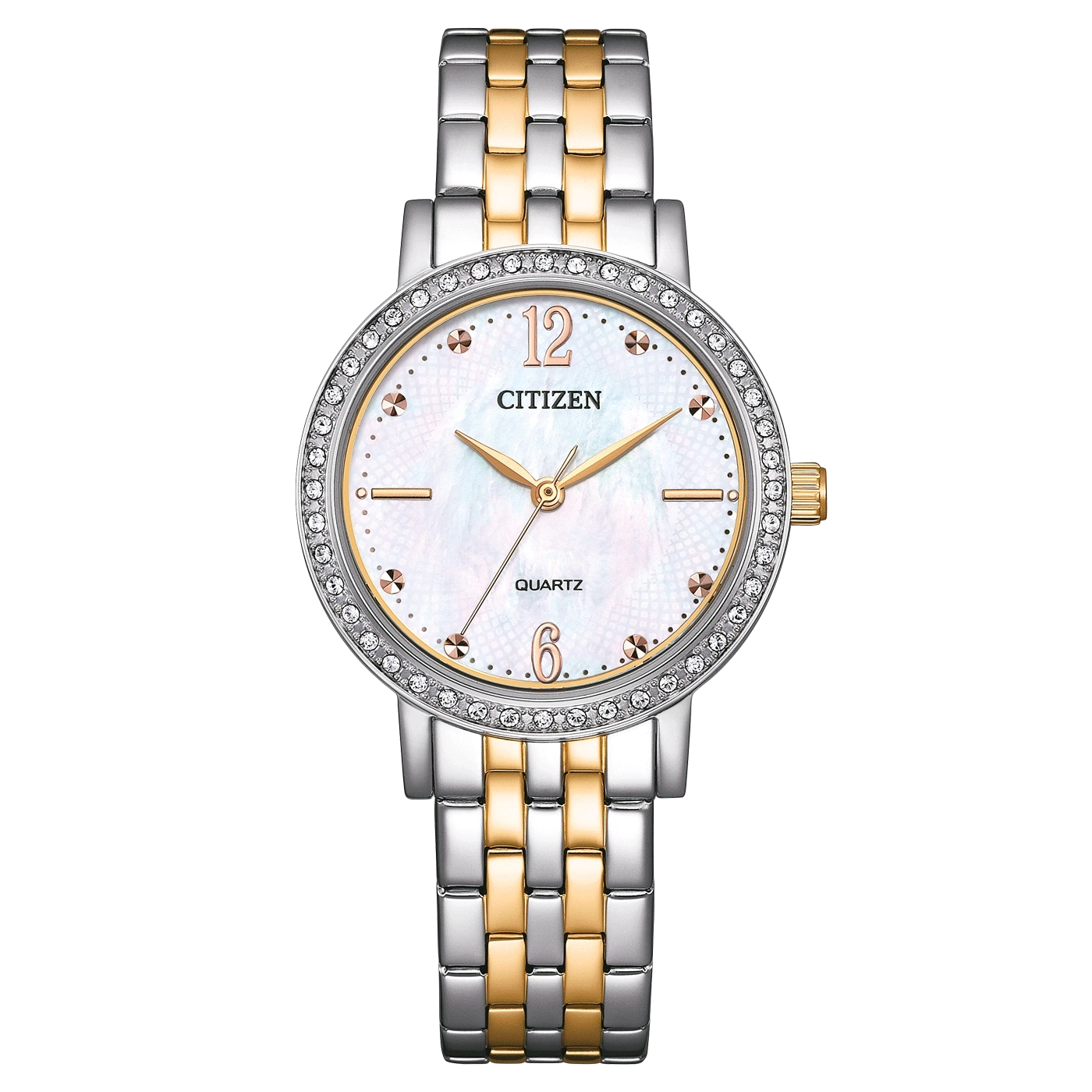 Citizen-Uhr mit weißem Zifferblatt, Gold- und Silberband und Diamantakzenten.