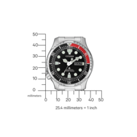 Citizen-Uhr mit schwarzem Zifferblatt, roter Lünette und Maßstab in Millimetern.