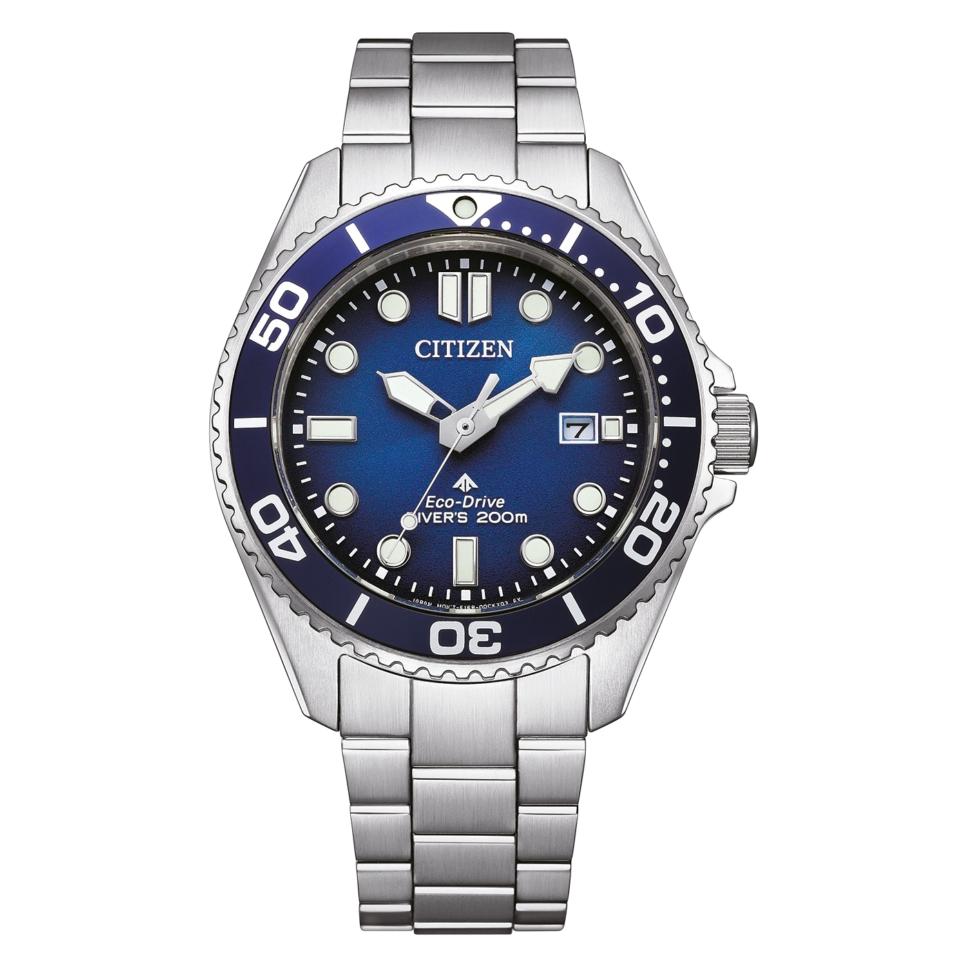 Citizen-Uhr mit blauem Zifferblatt und silbernem Armband, ideal zum Tauchen.