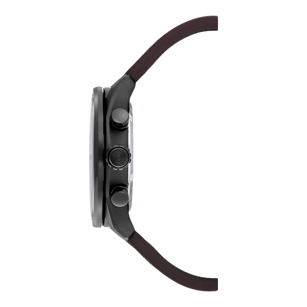 Seitenansicht einer schwarzen Uhr mit braunem Lederarmband und Knöpfen.