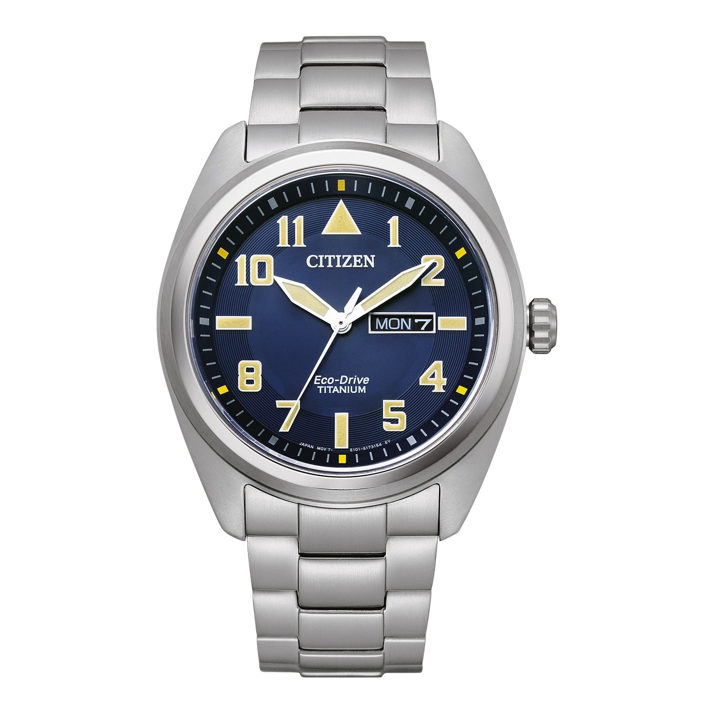 Citizen-Uhr mit blauem Zifferblatt, Titan, Eco-Drive und Tagesanzeige.