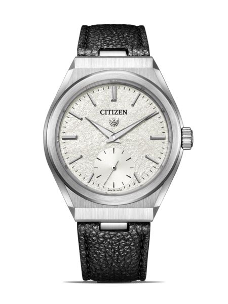 This image shows a Citizen watch with a silver-toned case, textured white dial, and black strap.