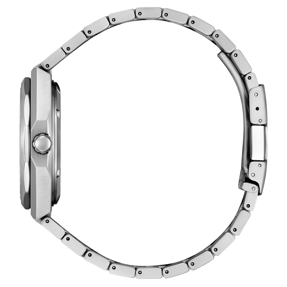 Seitenansicht einer silbernen Armbanduhr mit Metallband, elegantes Design