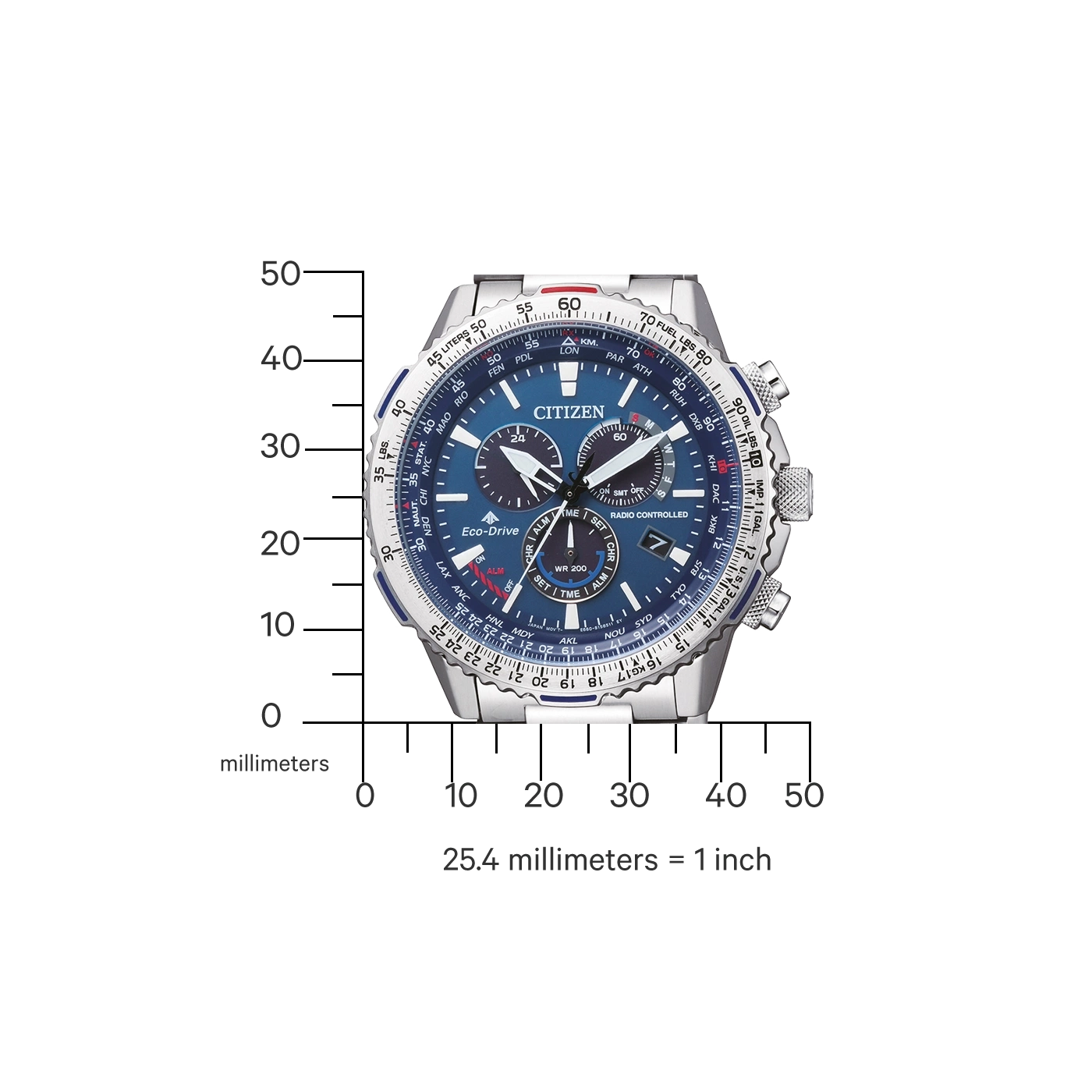 Citizen-Uhr mit blauem Zifferblatt, funkgesteuert, Eco-Drive und verschiedenen Zifferblättern und Knöpfen.