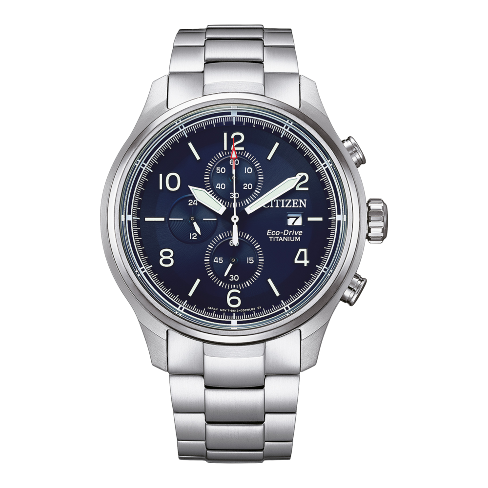 Citizen-Uhr mit blauem Zifferblatt, Titan, Chronograph, Eco-Drive, silbernem Armband und Zahlen.