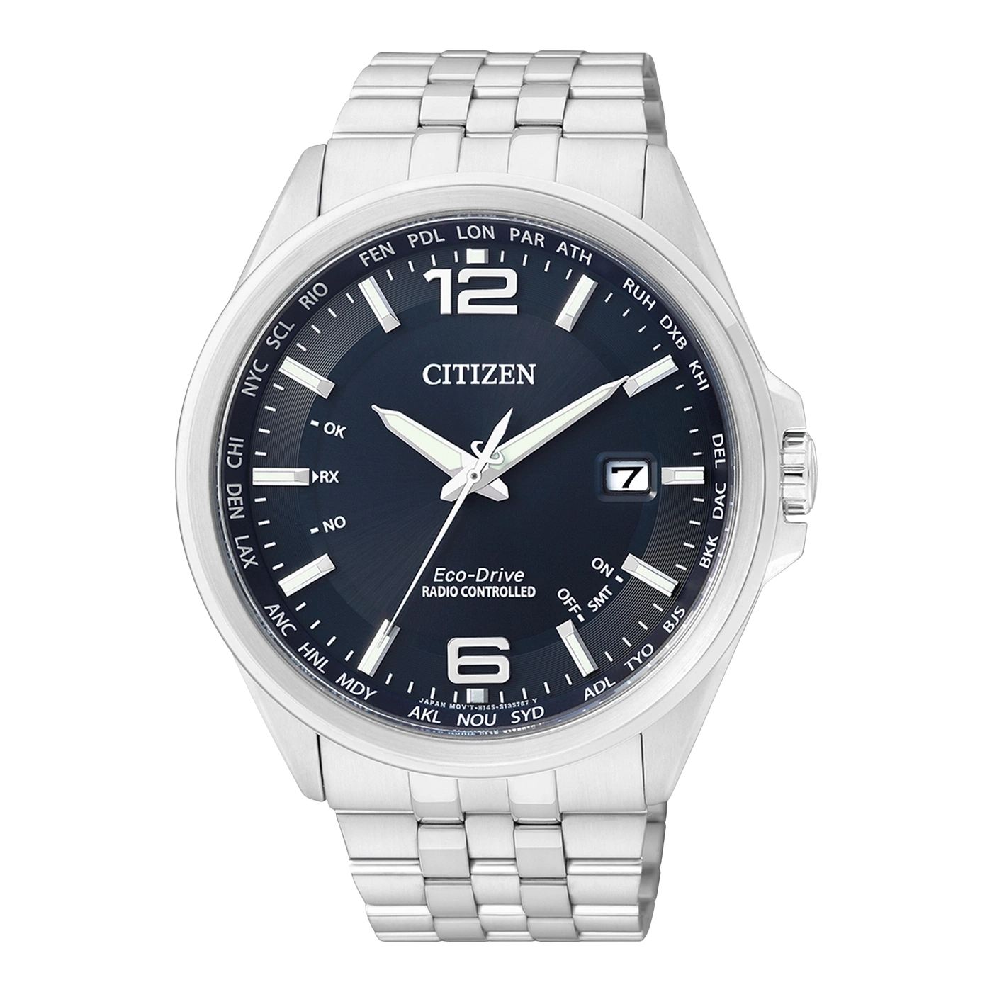Citizen-Uhr mit dunkelblauem Zifferblatt, silbernem Armband und Weltzeitfunktionen.