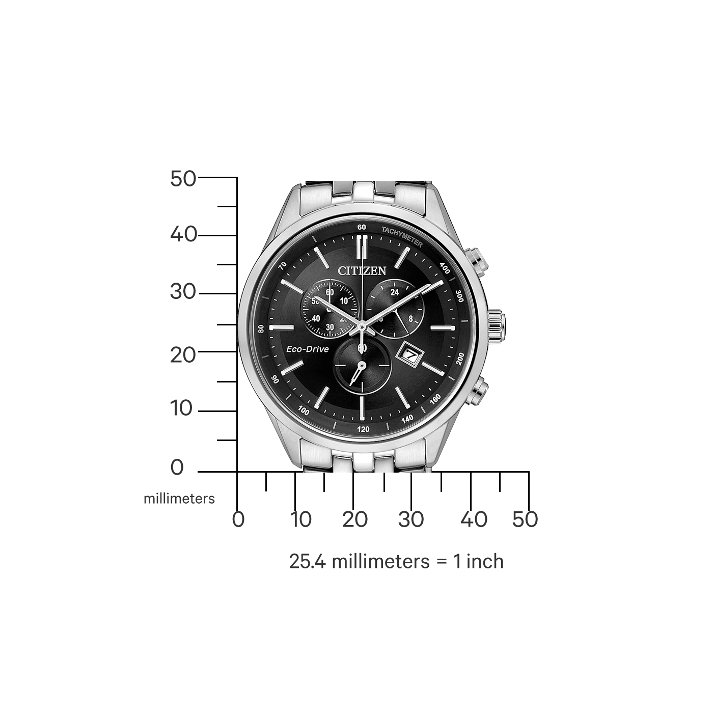 Citizen-Uhr mit schwarzem Zifferblatt und silbernem Armband, Eco-Drive, Tachymeter.