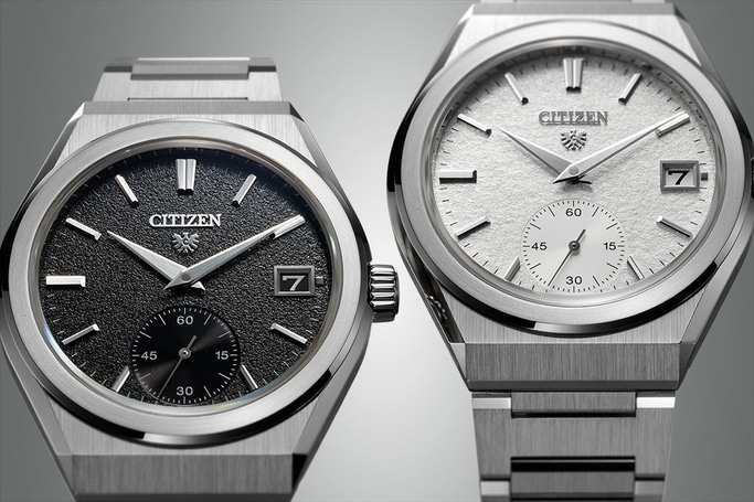 This image displays two elegant Citizen watches side-by-side, both with silver-toned integrated bracelets and cases. One features a textured black dial with a sub-seconds dial, while the other has a textured white dial with a date window.