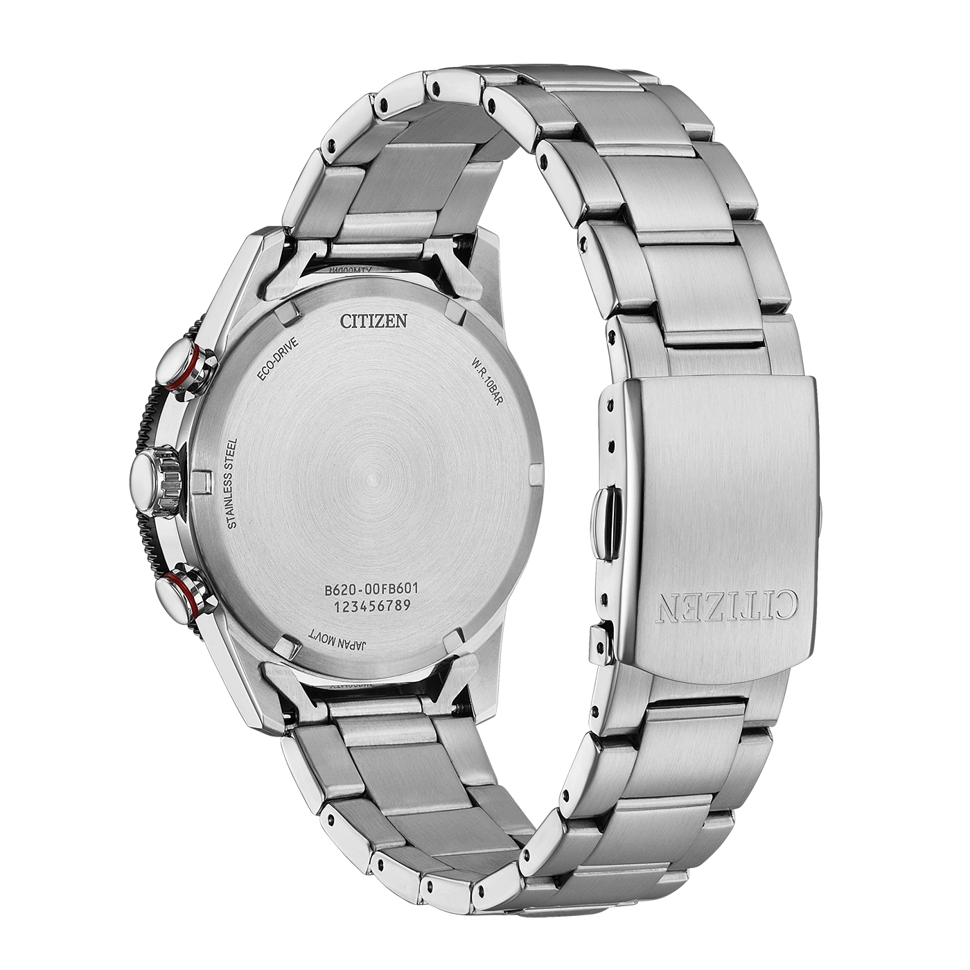 Rückseite einer silbernen Citizen Eco-Drive Uhr mit Metallarmband