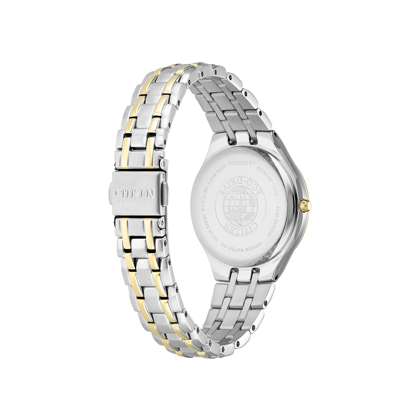 Citizen-Uhr, Rückansicht, silbernes und goldenes Armband, Eco-Drive, wasserdicht, Stahlbasis