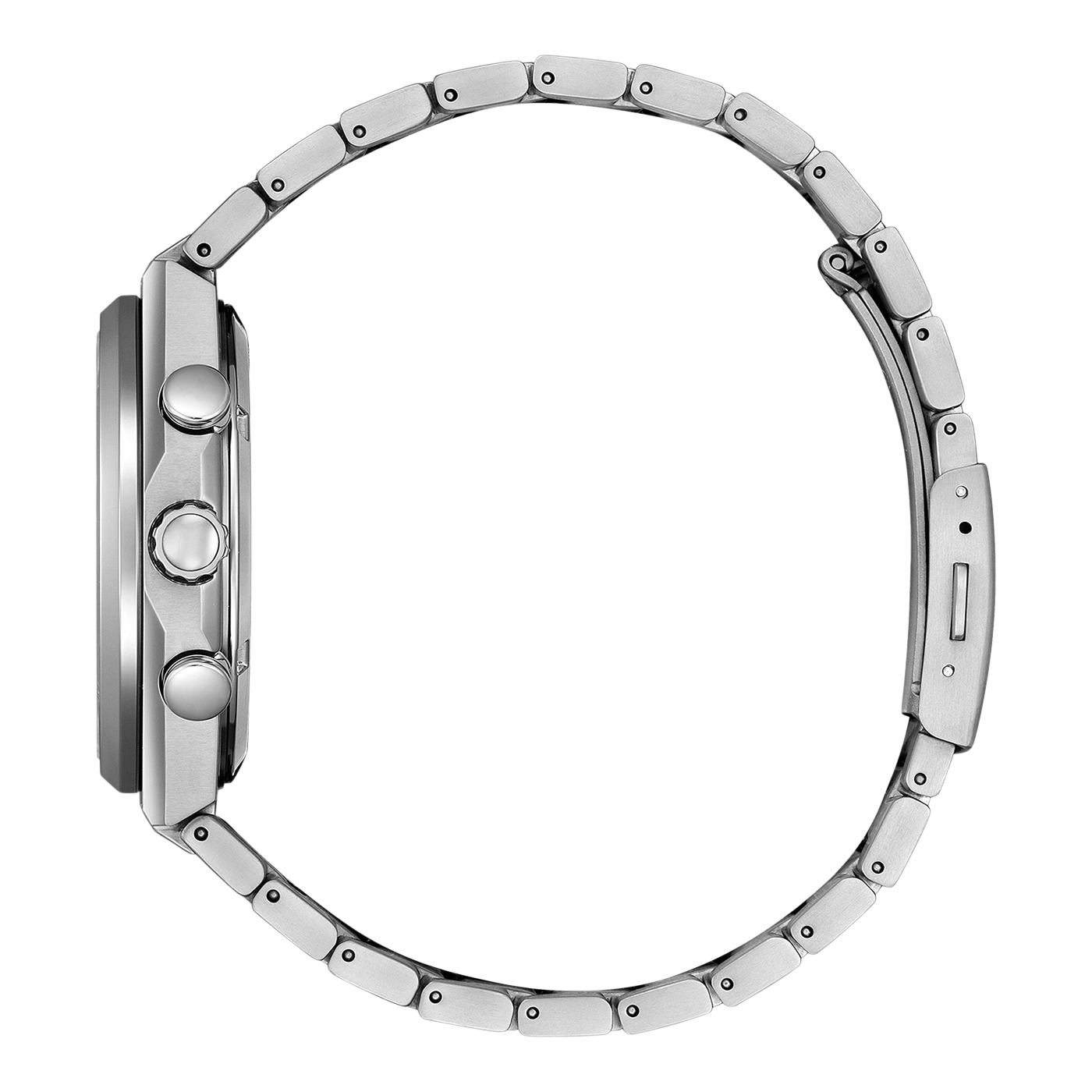 Silberne Uhr mit Metallarmband, Seitenansicht, elegantes Design, moderner Stil.