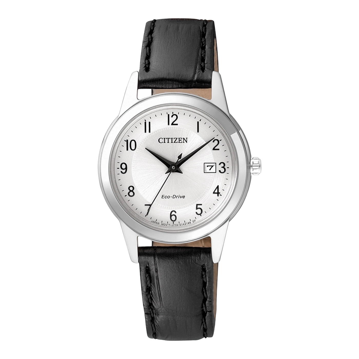 Citizen-Uhr mit schwarzem Lederarmband und weißem Zifferblatt, Eco-Drive-Technologie.