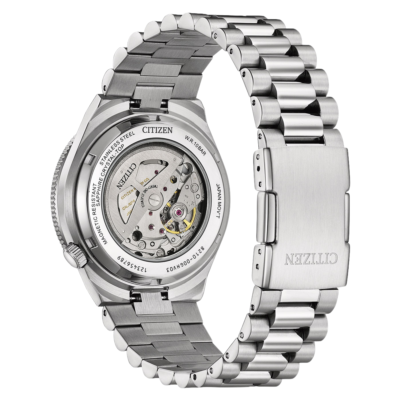 Eine Nahaufnahme der Rückseite einer Citizen-Uhr aus Edelstahl mit sichtbarem Automatikwerk.