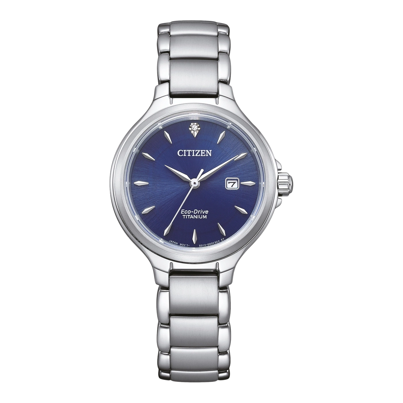 Citizen-Uhr mit blauem Zifferblatt, Titan, Eco-Drive, Datumsanzeige und silbernem Armband.