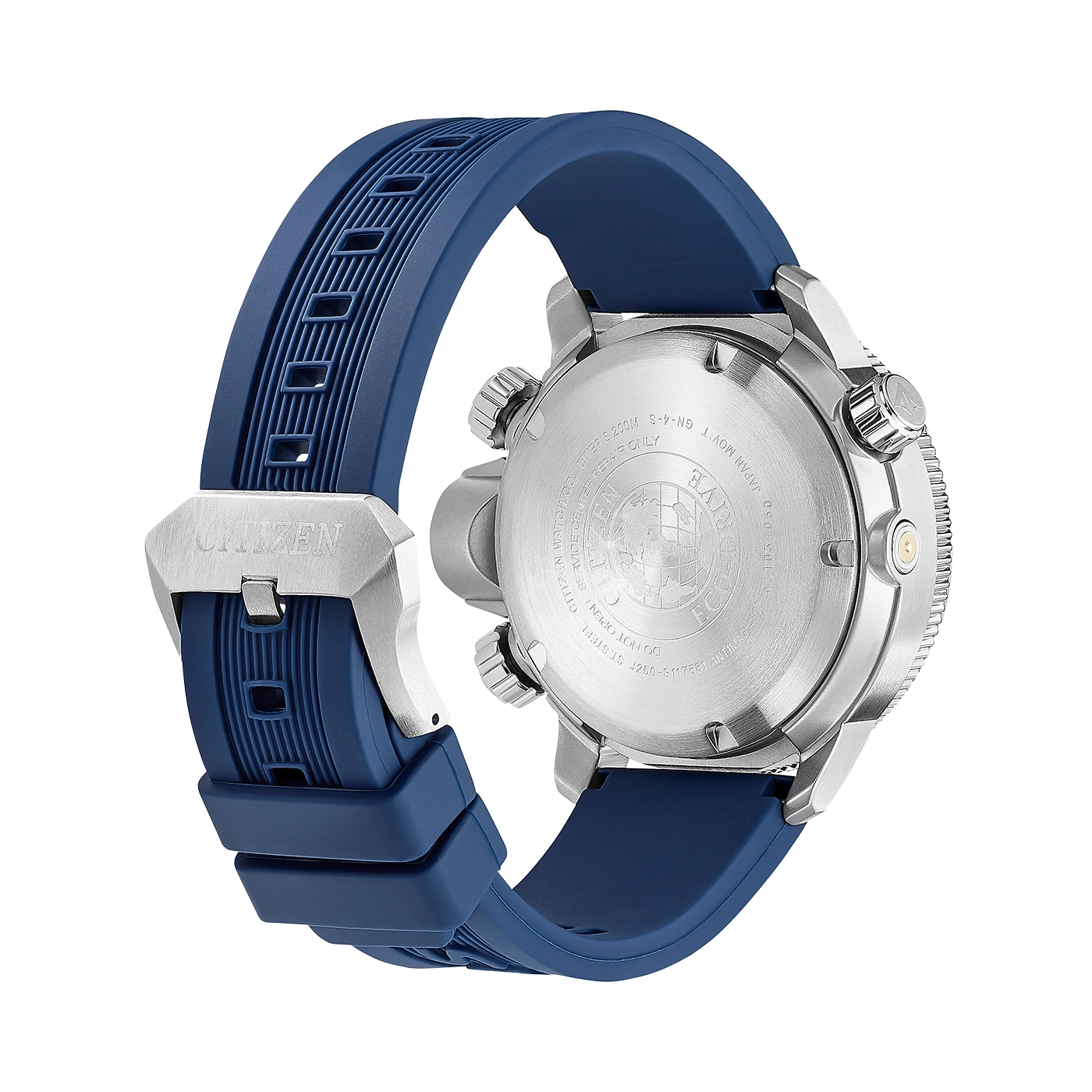 Citizen-Uhr mit blauem Armband, Rückansicht, Edelstahlgehäuse und Textdetails.
