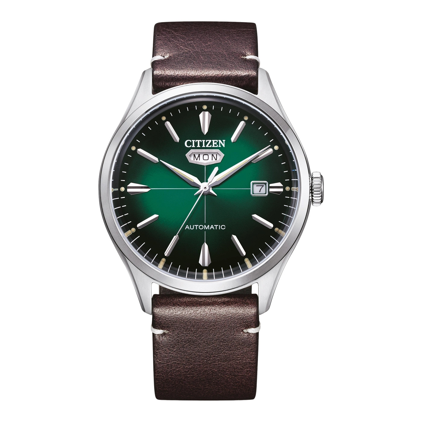 Citizen-Uhr mit grünem Zifferblatt und braunem Lederarmband.