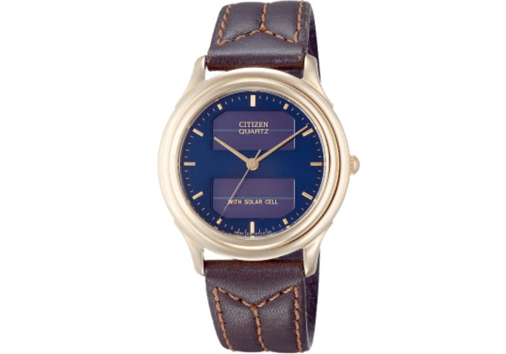 Citizen Quartz Uhr mit blauem Zifferblatt und braunem Lederarmband.