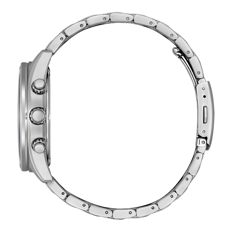 Seitenansicht einer silbernen Armbanduhr mit Metallband und drei Knöpfen.