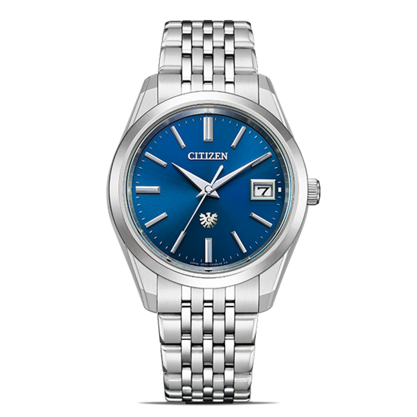 Citizen-Uhr mit blauem Zifferblatt und silbernem Armband, elegantes Design.