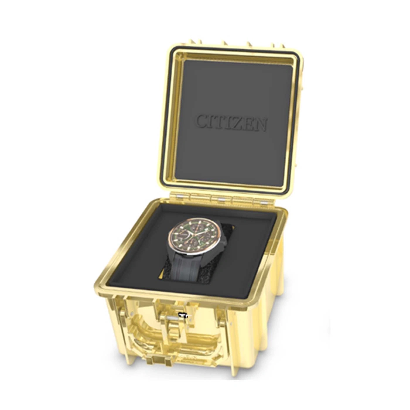 Eine goldene Uhrenbox mit Citizen-Logo und einer Uhr darin