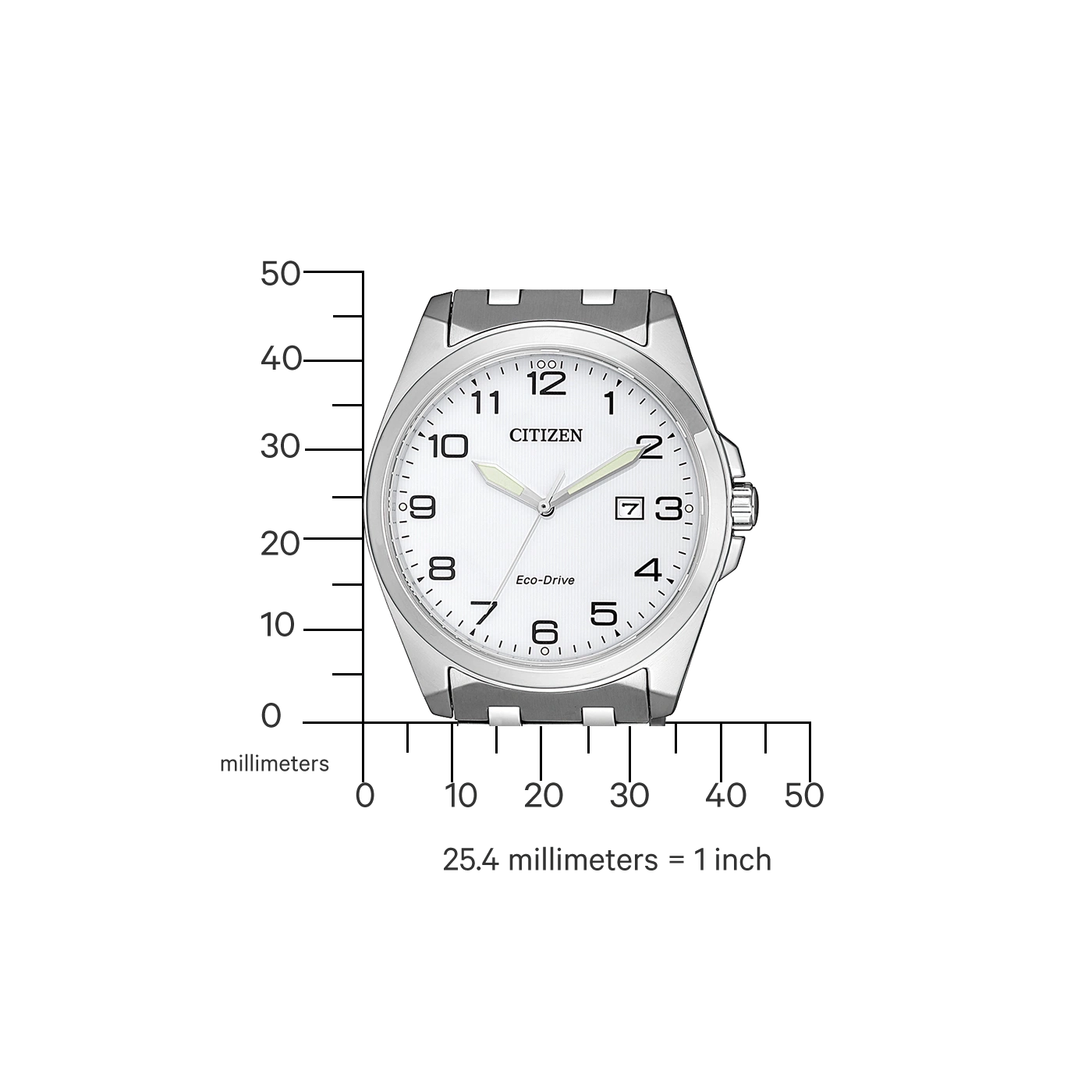 Citizen-Uhr mit weißem Zifferblatt, Zahlen und Eco-Drive-Technologie, die die Zeit anzeigt.