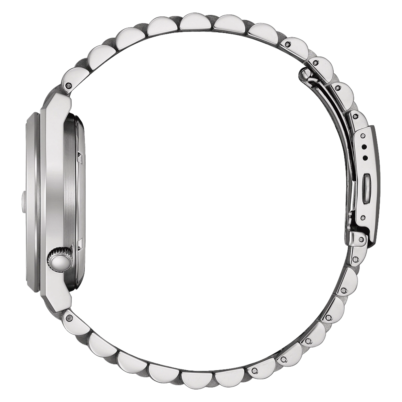 Seitenansicht einer silbernen Uhr mit Metallarmband.