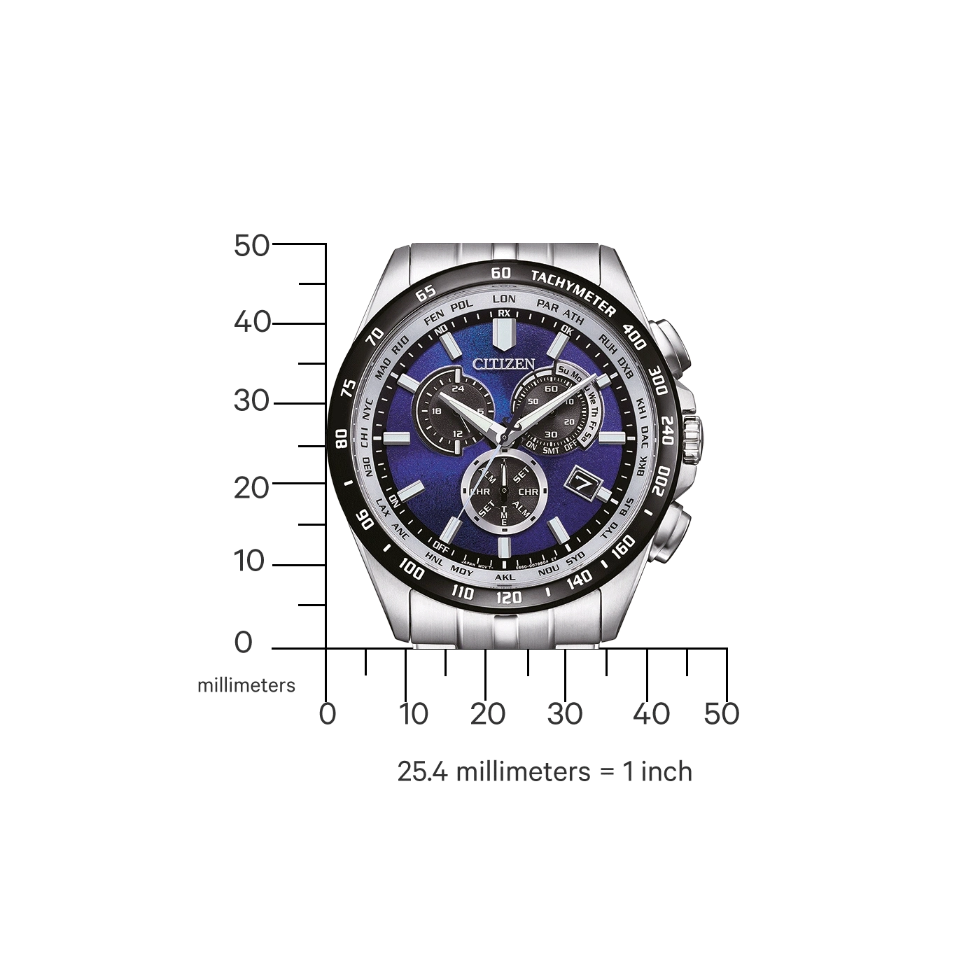 Citizen-Uhr mit blauem Zifferblatt, silbernem Armband und Chronographenfunktionen, Messung in Millimetern.