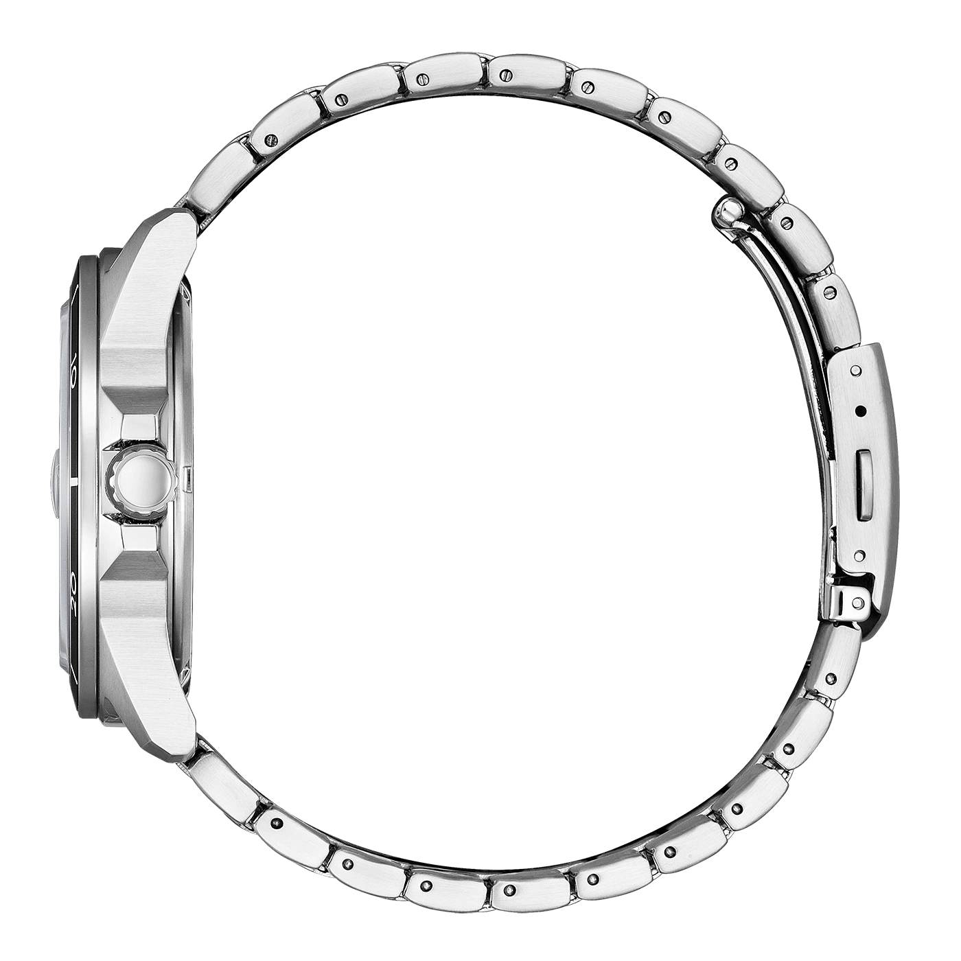 Silberne Uhr mit Metallarmband, Seitenansicht, isoliert auf weißem Hintergrund.