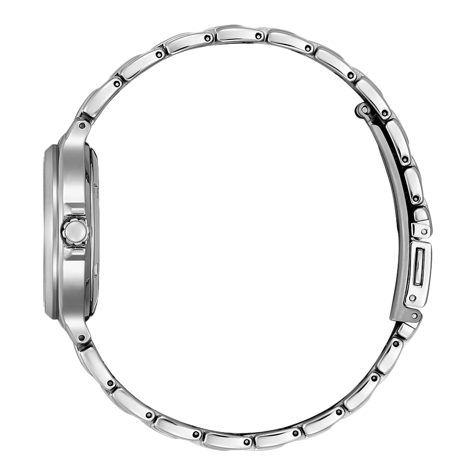 Seitenansicht einer silbernen Armbanduhr mit Metallband, elegantes Design.