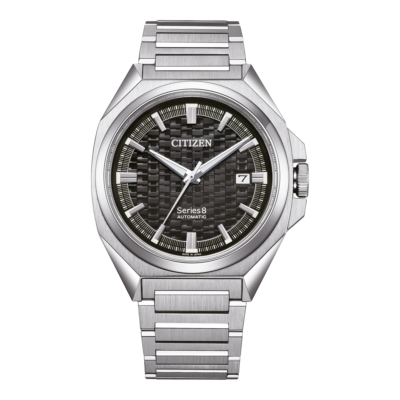 Citizen Series 8 Automatikuhr mit schwarzem Zifferblatt und Stahlarmband.