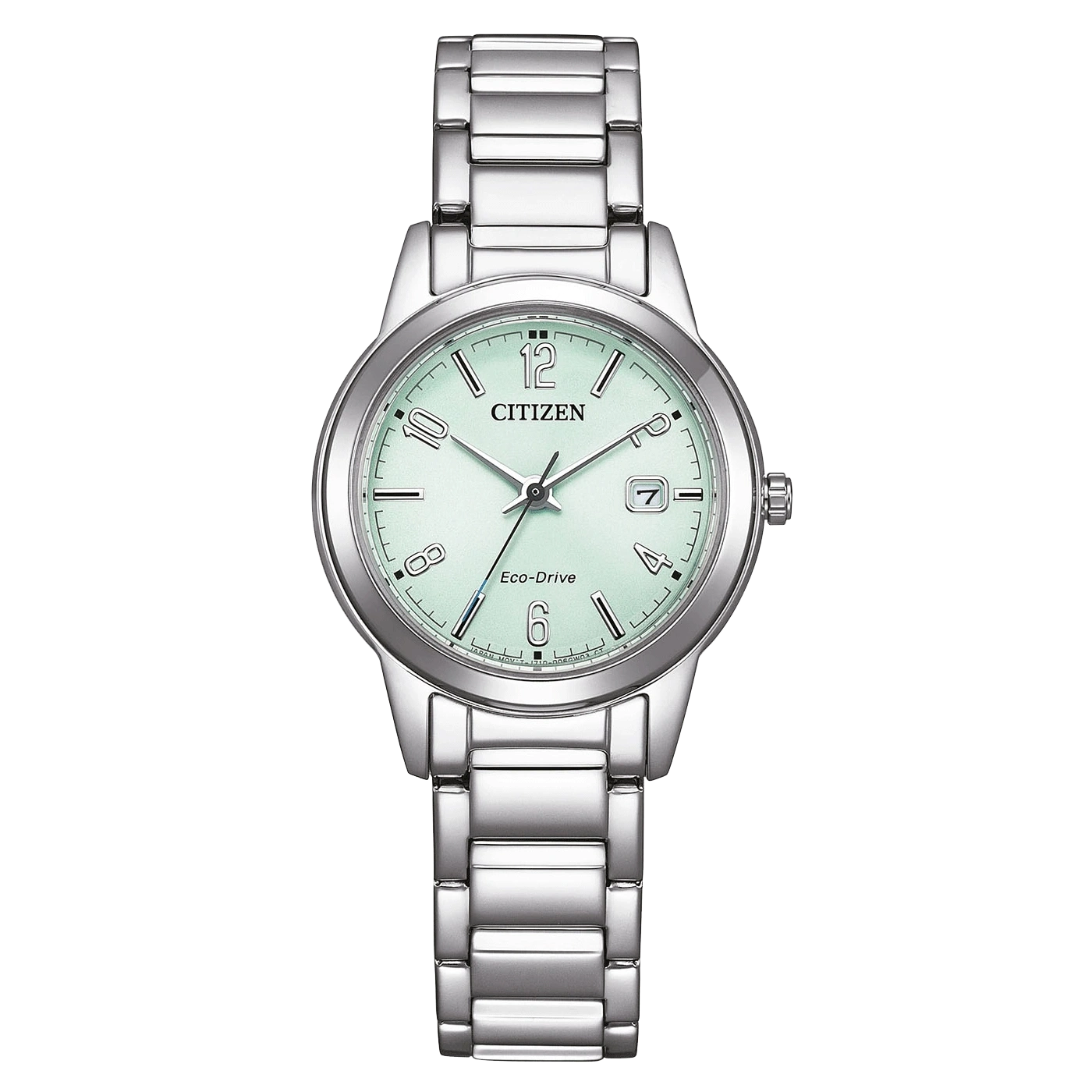 Citizen-Uhr mit hellgrünem Zifferblatt und silbernem Armband, Eco-Drive.