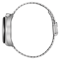 Silbernes Uhrenarmband, Seitenansicht, Edelstahlmaterial.
