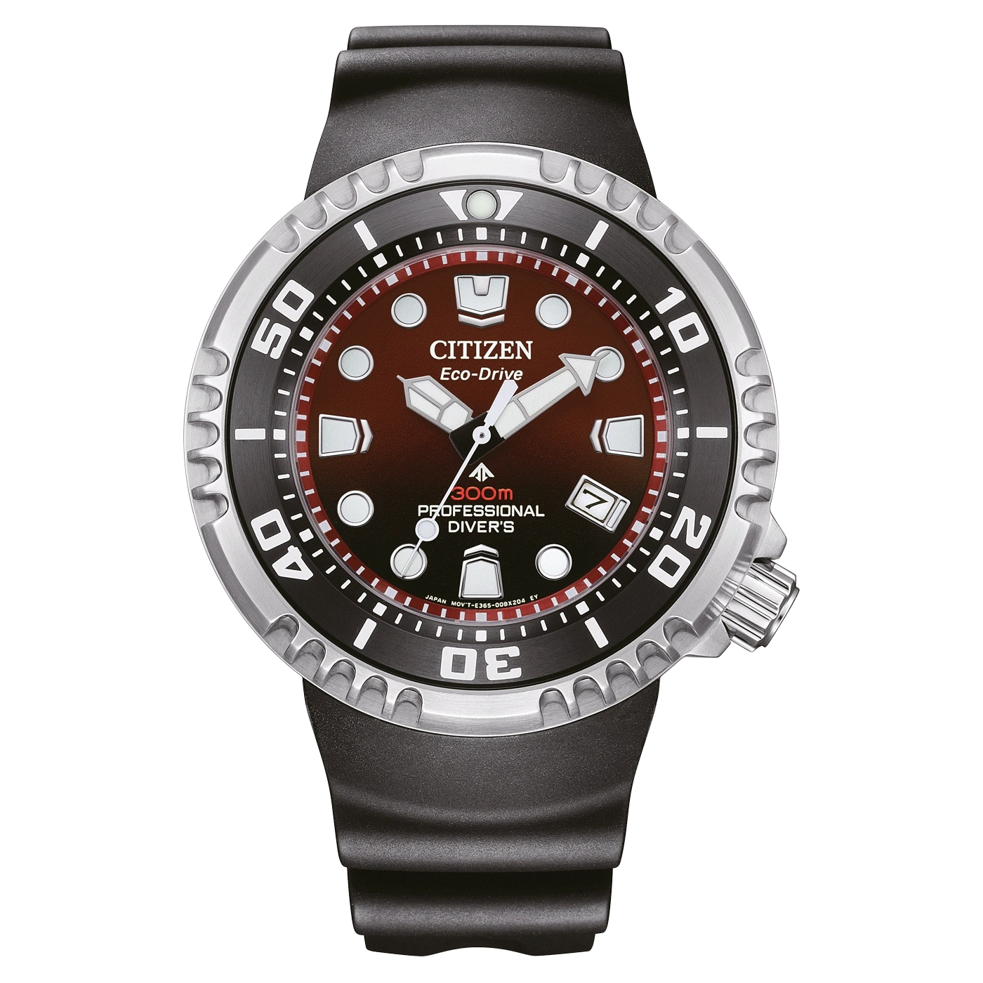 Citizen Eco-Drive Uhr mit schwarzem Armband und rotem Zifferblatt, 300m professioneller Taucher.