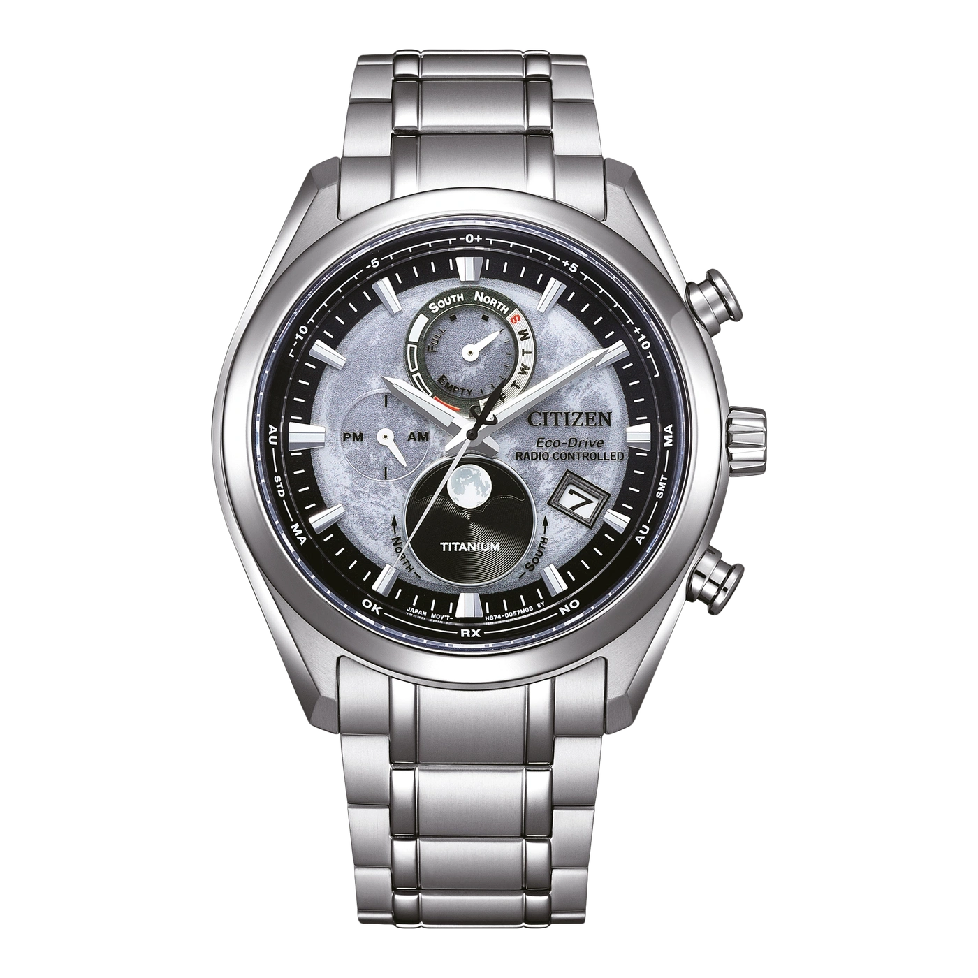 Citizen Eco-Drive Uhr, Titan, funkgesteuert, Mondphase, silbernes Zifferblatt, Datumsanzeige.