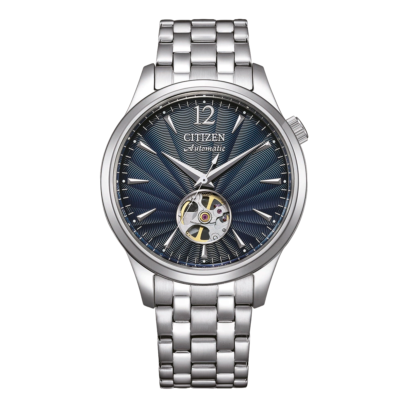 Eine Citizen Automatik-Uhr mit blauem Zifferblatt und silbernem Armband.