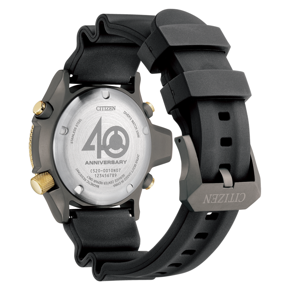 Citizen-Uhrrückseite, Edelstahl, Taucheruhr, Jubiläum, schwarzes Armband.
