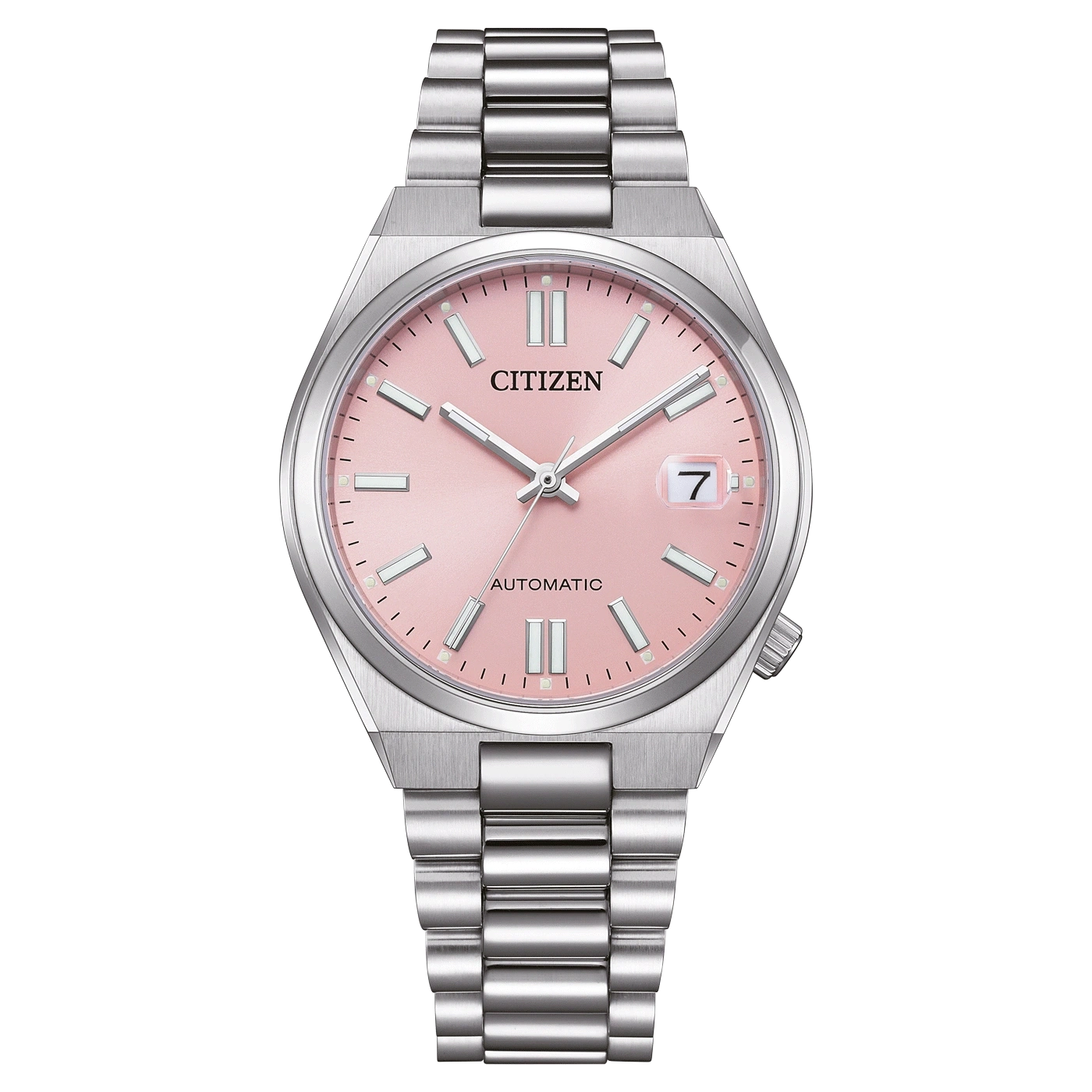 Citizen-Uhr mit rosa Zifferblatt und silbernem Armband, Automatikwerk.