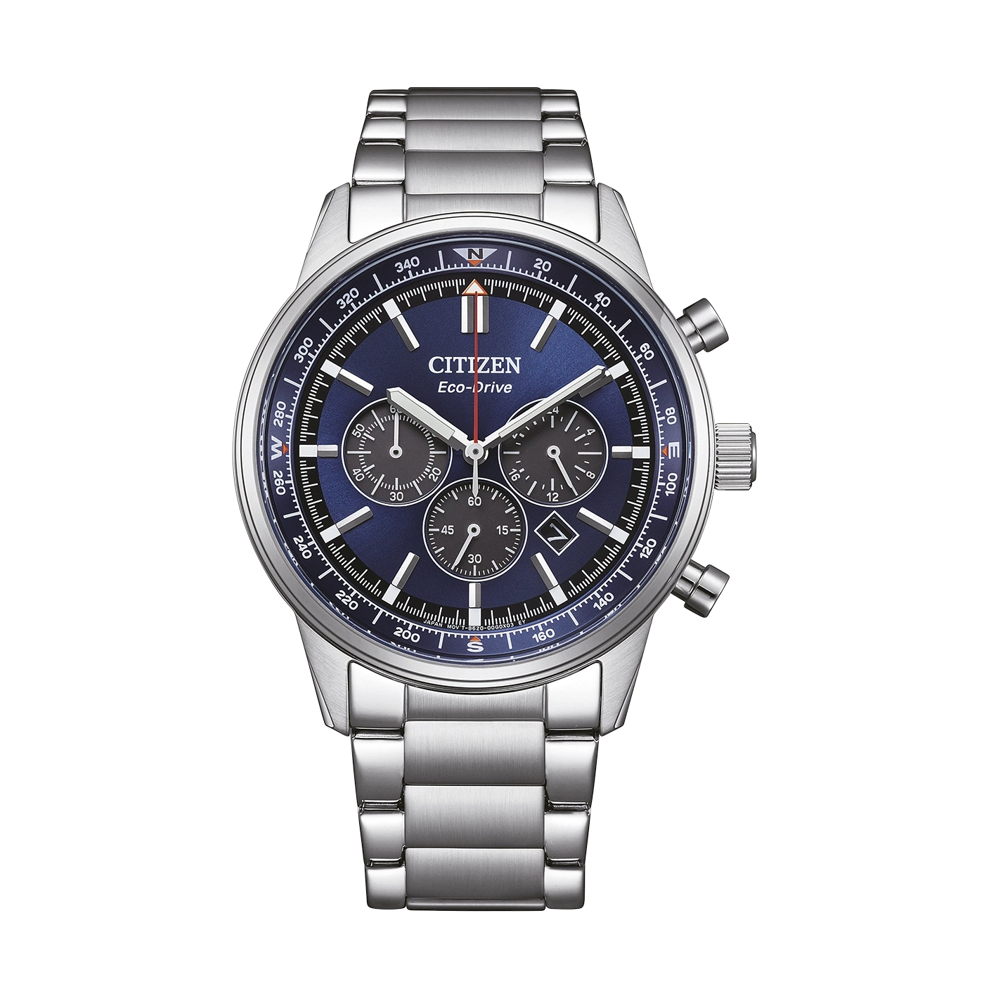 Eine Citizen Eco-Drive Chronographenuhr mit blauem Zifferblatt und Edelstahlarmband.