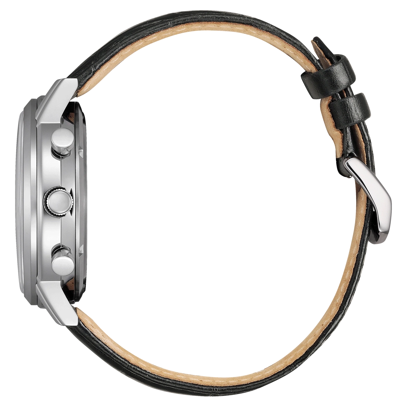Seitenansicht einer silbernen Uhr mit schwarzem Lederarmband.